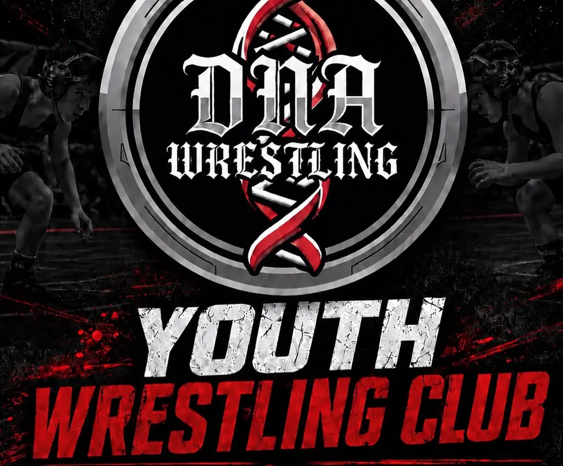 DNA Wrestling flyer: Youth Wrestling Club, over a photo of two youth wrestlers facing off in their stances.